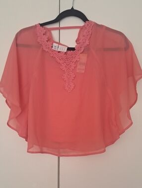 C R B Girls Coral Lace-Trim Sheer Capelet Top